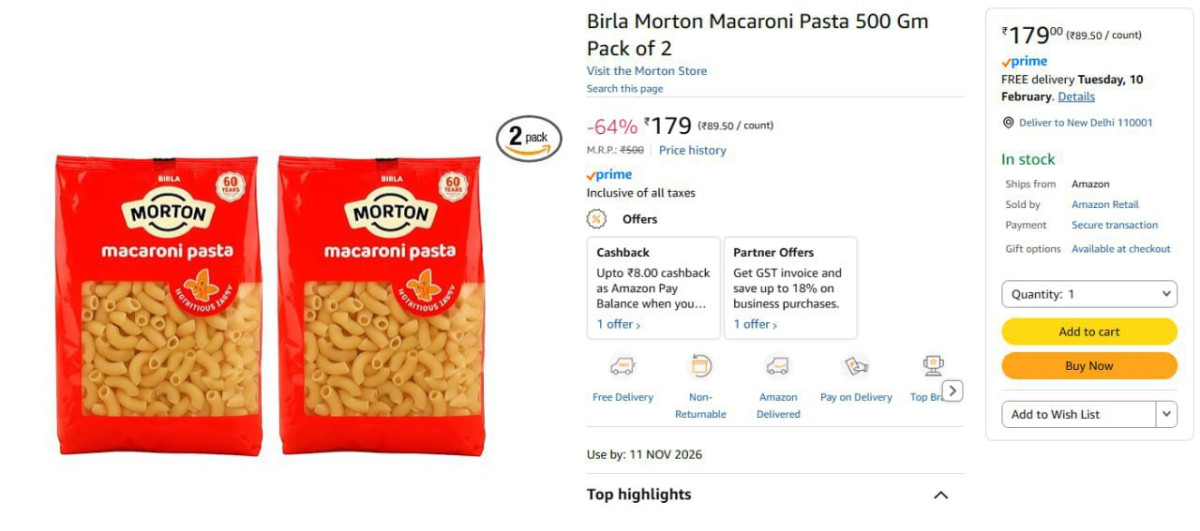 Morton Macaroni Pasta 500 Gm Pack Of 2 179