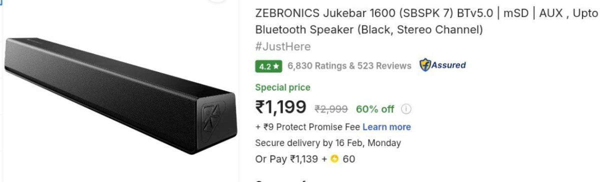 Zebronics 30watt Bluetooth Speaker 1 199regular 1499