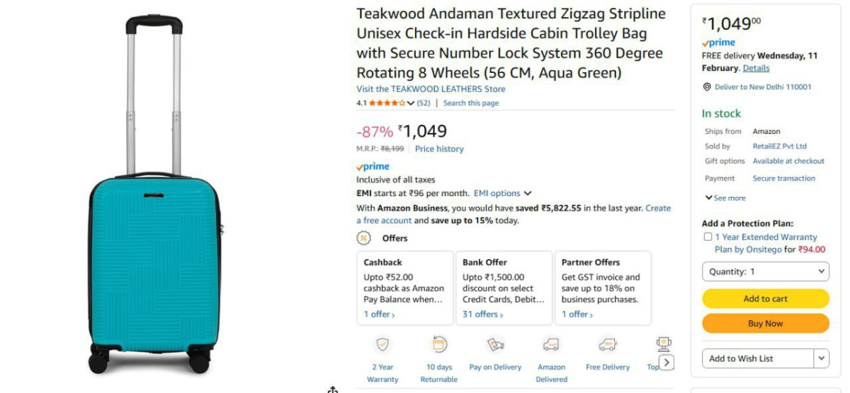 Teakwood Hardside Luggage 8 Wheels (56 Cm) 1049