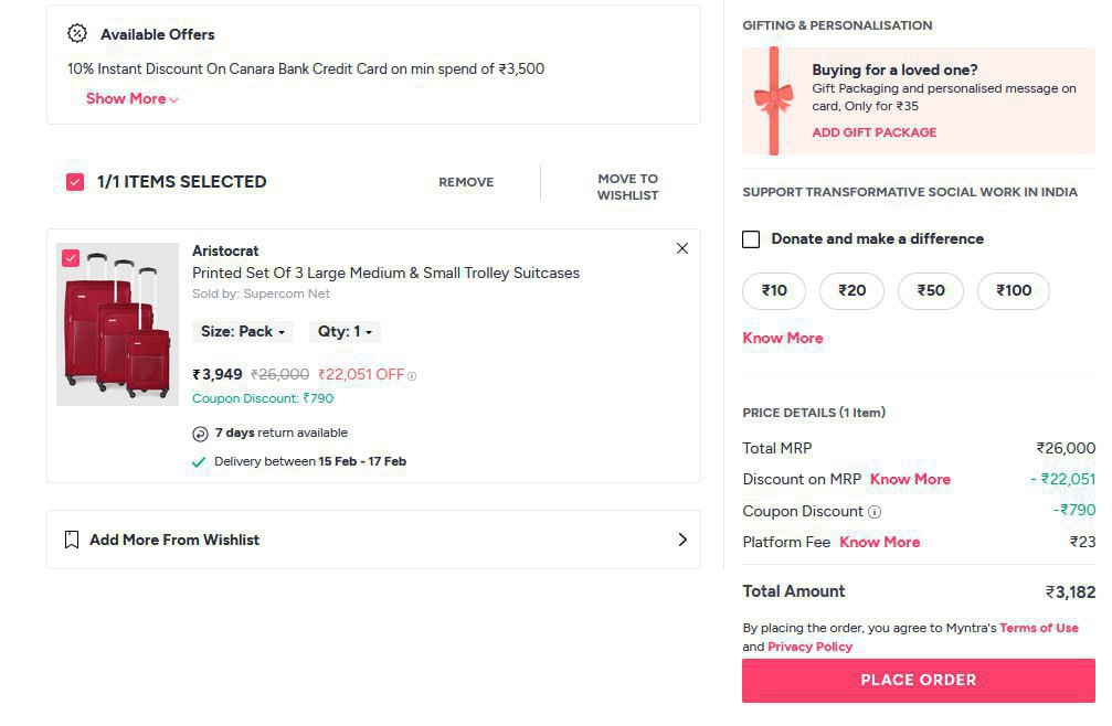 Myntra Loot Aristocrat Luggage (set Of 3) 3182 3302 Masterlink Apply Code M