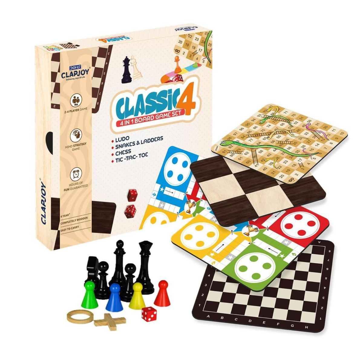 Clapjoy Wooden 4 In 1 Board Game For Kids Adults Ludo Chess Snake Ladder Ti