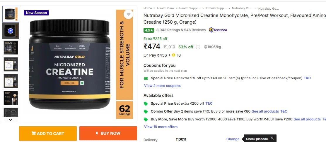 Nutrabay Gold Micronized Creatine Monohydrate 250g 474