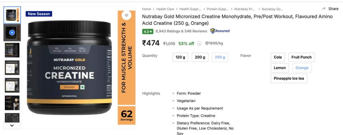 - Nutrabay Gold Micronized Creatine Monohydrate Orange (250g) At Rs 474-