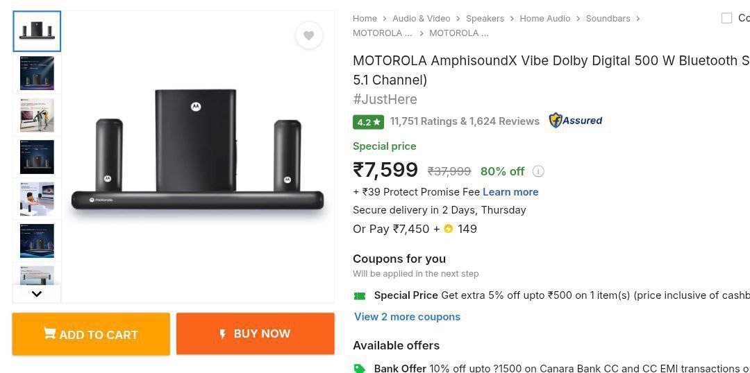 Motorola 500 W Bluetooth Soundbar (black 5 1 ) 7599 Reg 9999 Apply 400 Coup