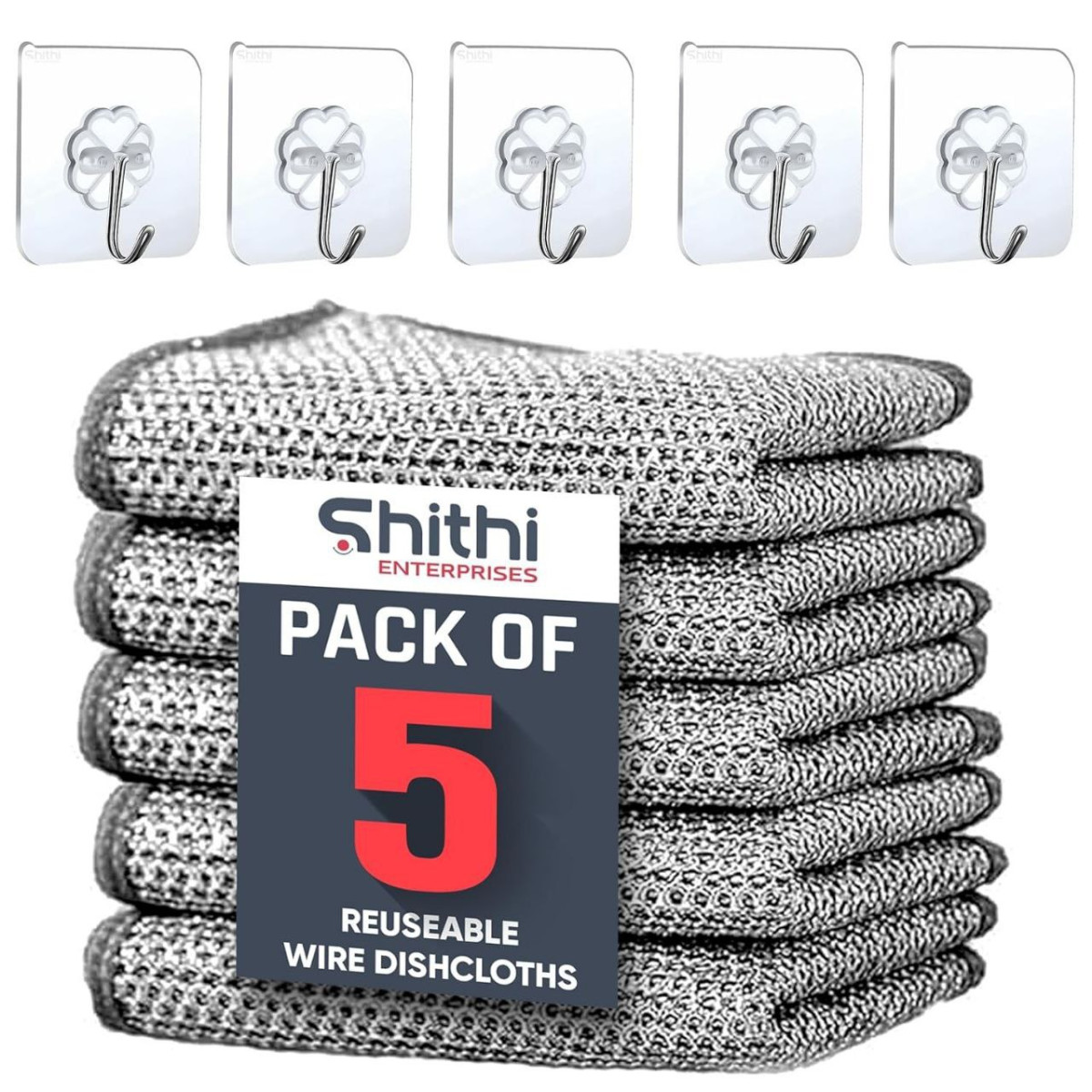 Multipurpose Wire Dishwashing Cloths For Kitchen (5 Cloths 5 J Hooks) 185