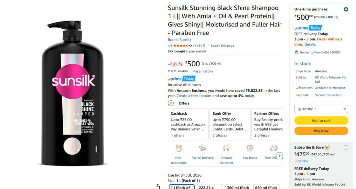 Sunsilk Black Shine Shampoo 1 Ltr 500 – Best Price in India
