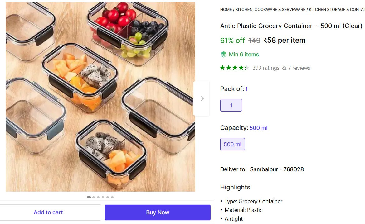 Plastic Grocery Container - 500 Ml 58 – Best Price in India
