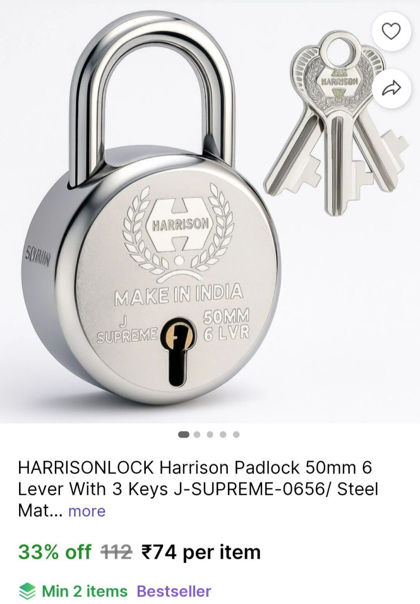 Harrison Padlock 50mm 6 Lever With 3 Keys Rs 74 – Best Price in India