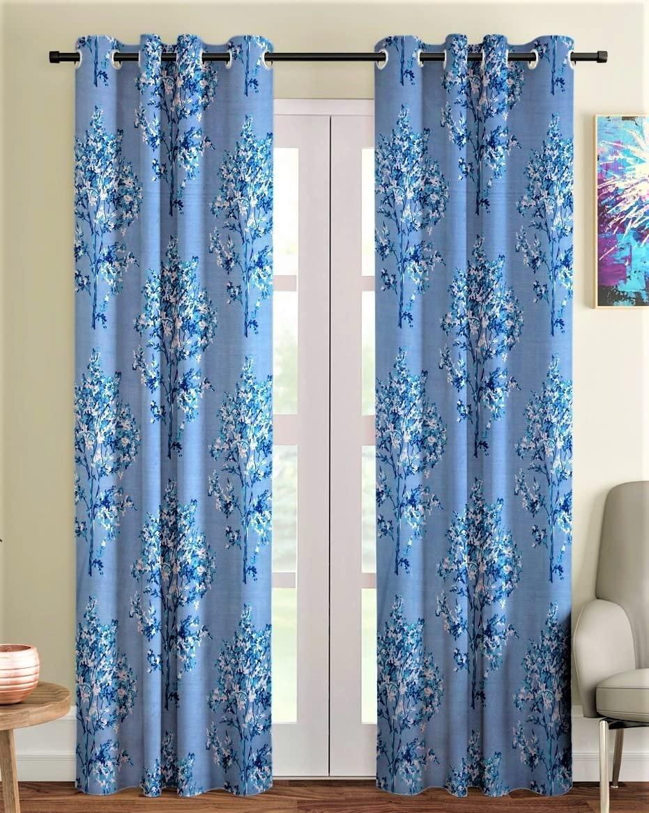 Fashion String Polyester Blossoms Eyelet Door Curtains (7 Feet Blue Pack Of