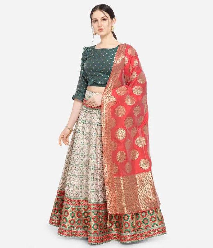 Purvaja Self Design Printed Semi Stitched Lehenga Crop Top (dark Green Beig