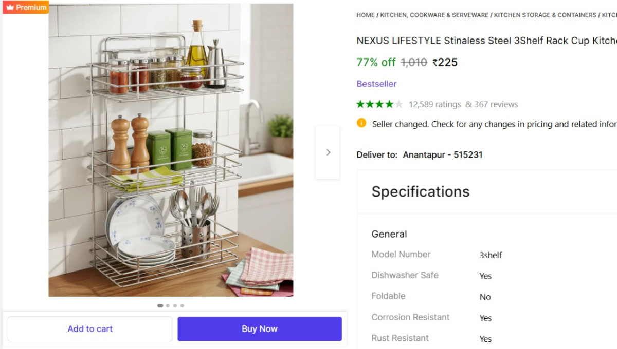 Stinaless Steel 3 Shelf Rack 225 – Best Price in India