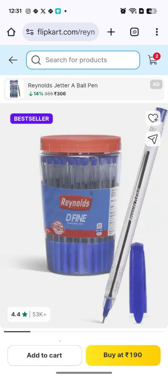 Reynolds Dfine Ball Pen(pack Of 70 Ink Color - Blue) 190 – Best Price in In