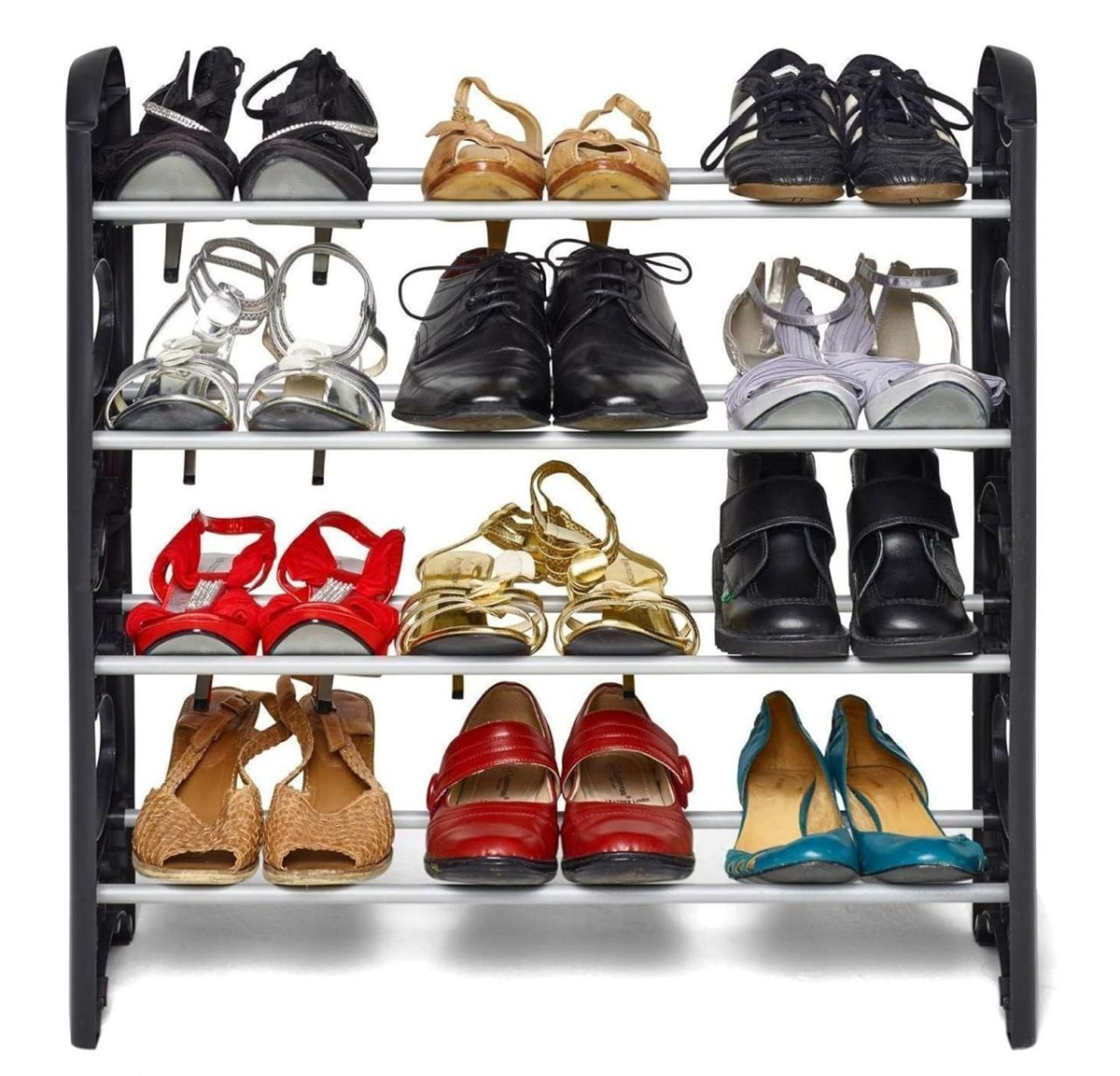 Flipzon 4 Shelves Shoe Rack 12 Pairs Metal Plastic (small) (rustproof) (bla