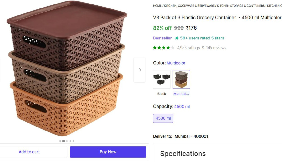 Pack Of 3 Plastic Grocery Container 176 – Best Price in India