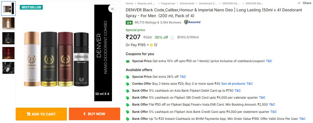 Denver Black Code Caliber Honour Imperial Nano Deo Long Lasting (50ml X 4) 