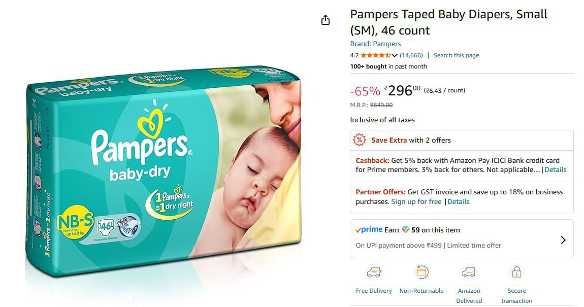 Pampers Baby Diapers Small (s) 46 296 – Best Price in India