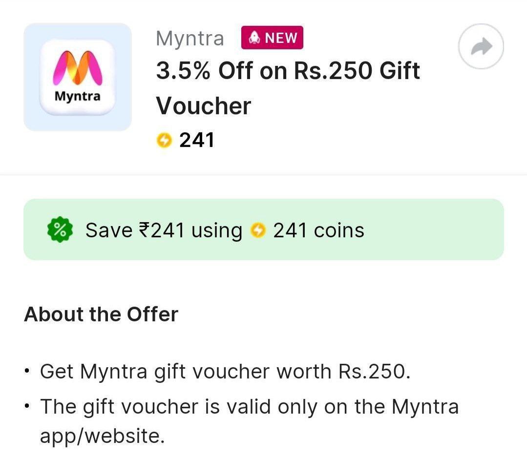 Get Myntra Gift Card Using 100 Supercoin 250 Gv At 241 Supercoin 1000 Gv At