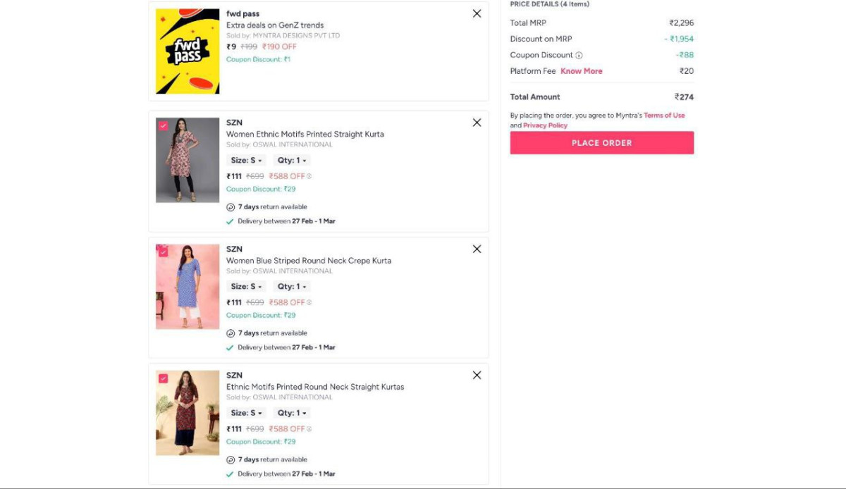 Myntra Loot Women Kurta At 91 Each 1) Add Any 3 Kurta 2) Add 9 Fwd Pass App