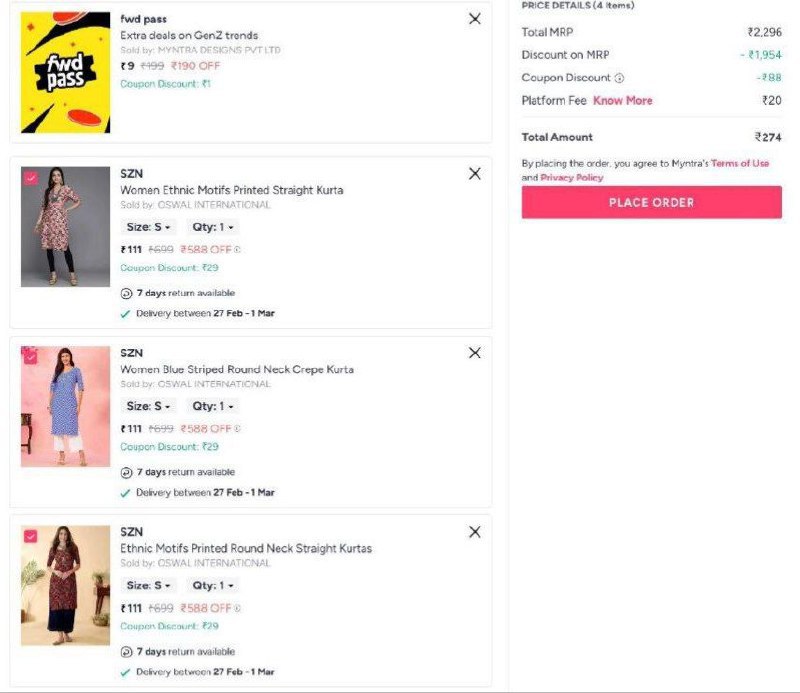 Myntra Women Kurta At 91 Each1) Add Any 3 Kurta 2) Add 9 Fwd Pass Apply Bot