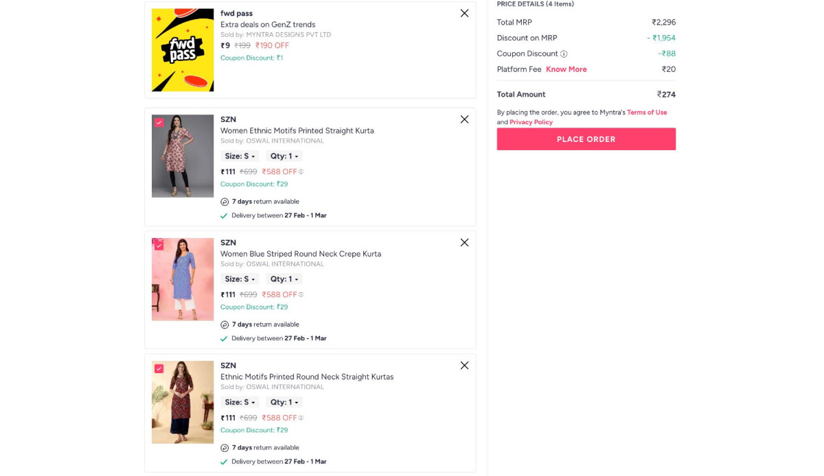 Myntra Loot Women Kurta At 91 Each 1) Add Any 3 Kurta 2) Add 9 Fwd Pass App