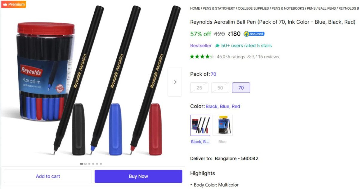 Reynolds Ball Pen (pack Of 70) 180effective 2 5 Per Pc S – Best Price in In