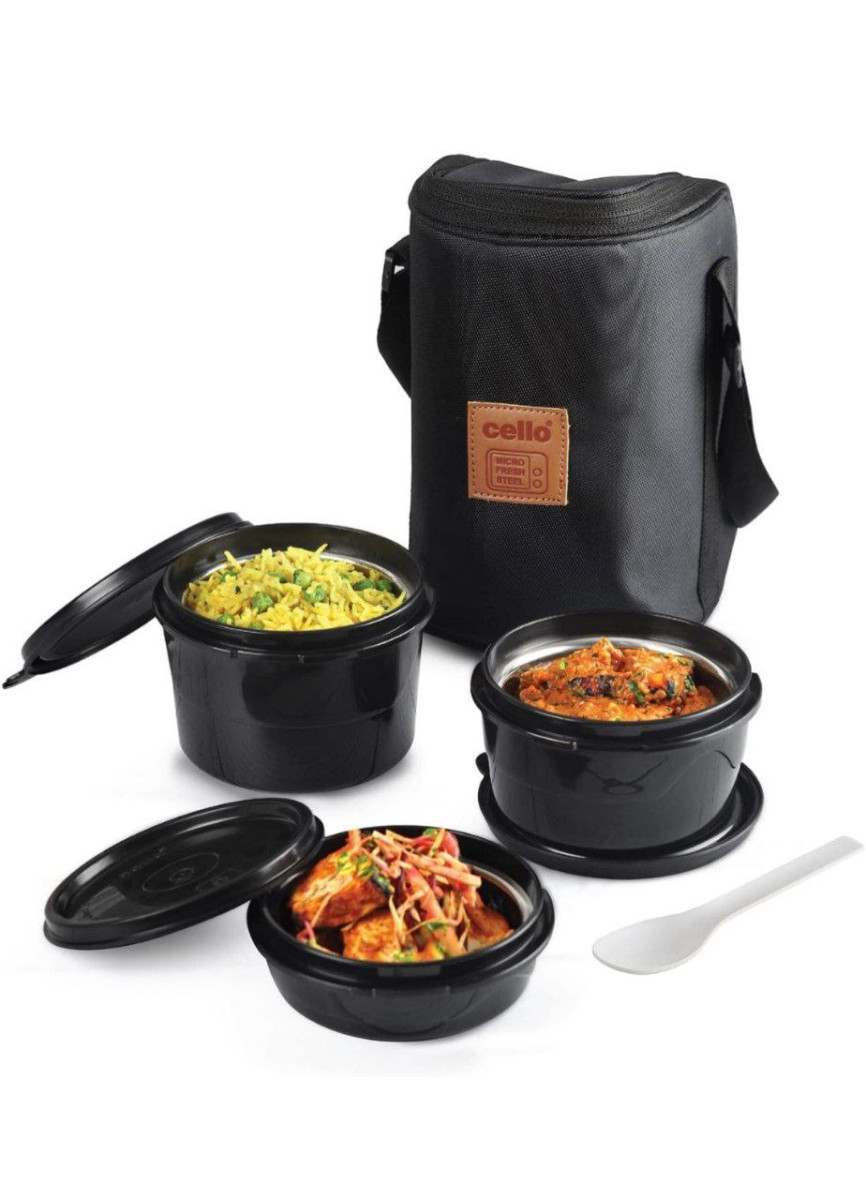 Cello All In One Lunch Box With Fabric Bag Black 3 Microwave Safe Insulated