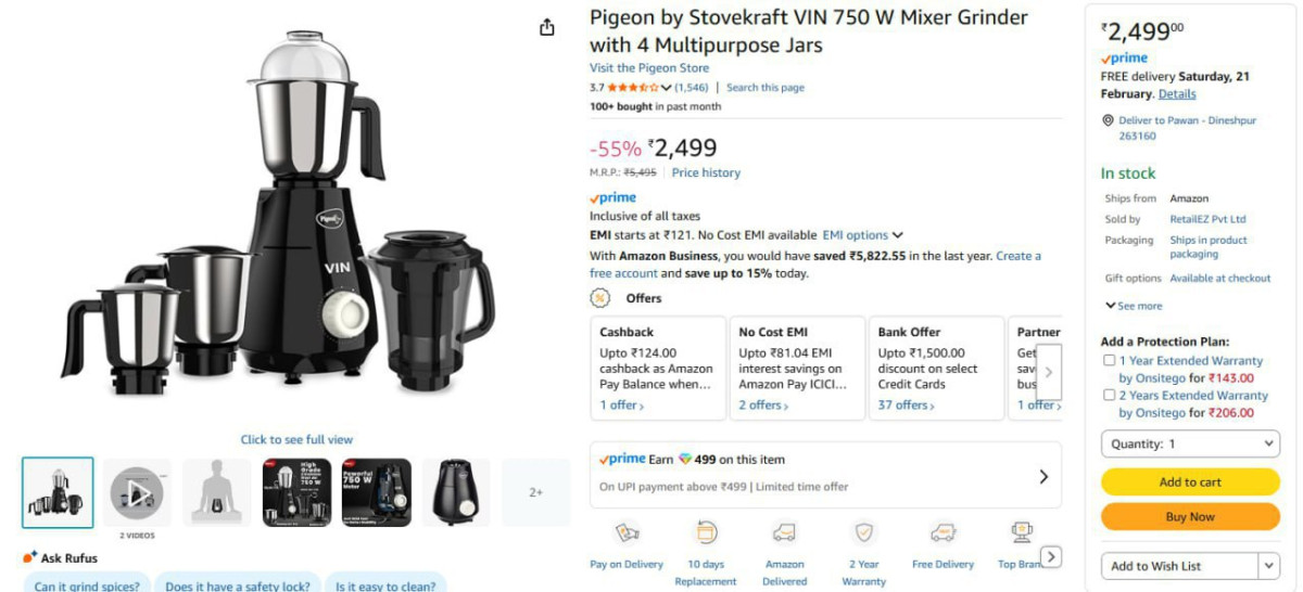 Pigeon 750 W Mixer Grinder With 4 Jars 2499 – Best Price in India