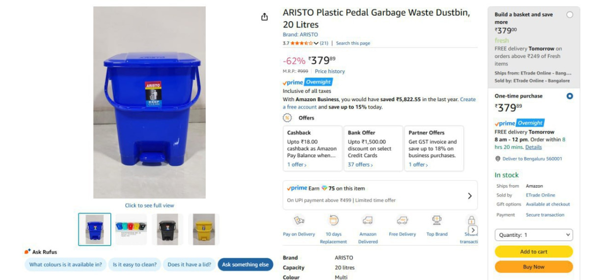 Aristo Garbage Waste Dustbin 20l 379 – Best Price in India
