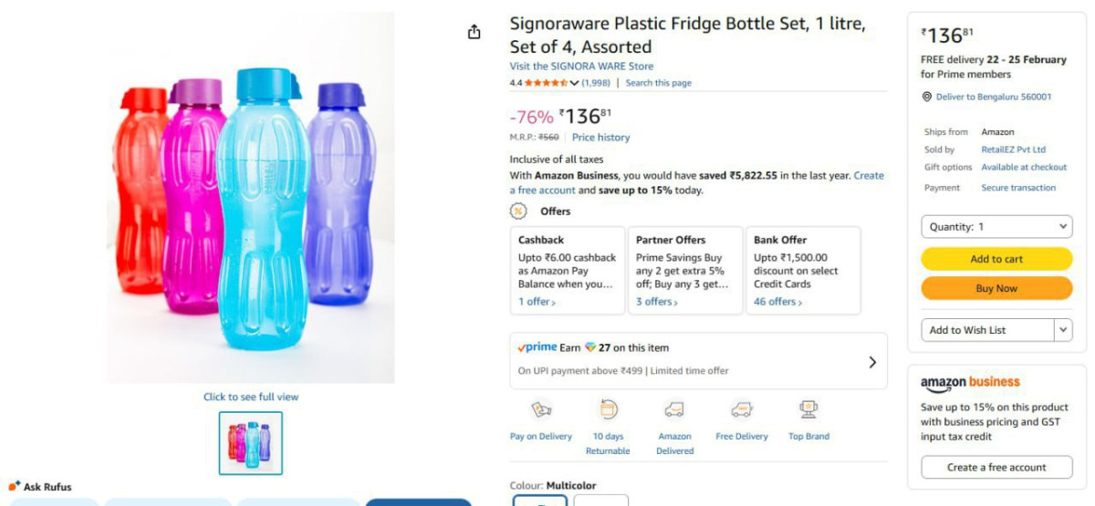 Signoraware Bottle 1l Set Of 4 136 – Best Price in India
