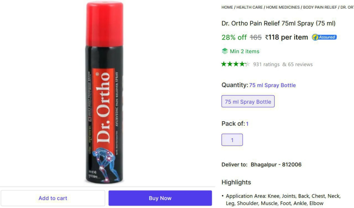 Dr Ortho Pain Relief 75ml Spray 118 Min 2 Buy – Best Price in India
