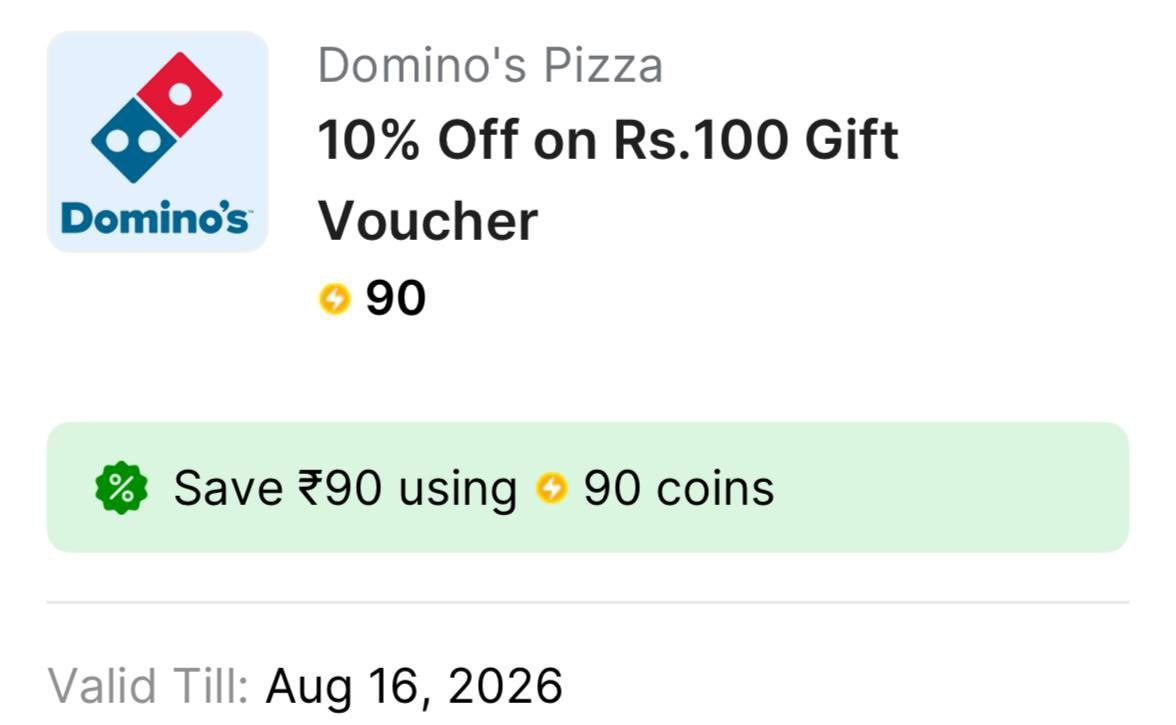 Get 100 Dominos Gift Card At 90 Supercoin – Best Price in India