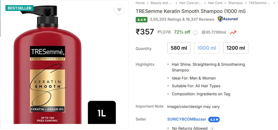 - Tresemme Keratin Smooth Shampoo 1000 Ml At Rs 357 – Best Price in India
