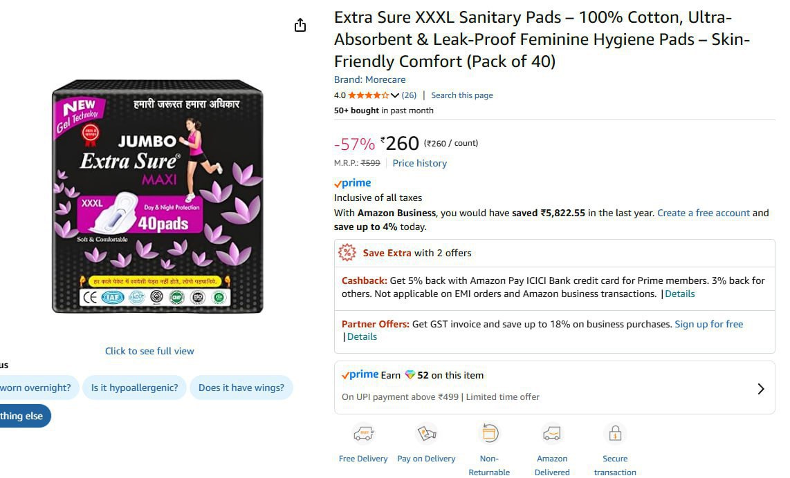 Sanitary Pads (pack Of 40) 260 – Best Price in India