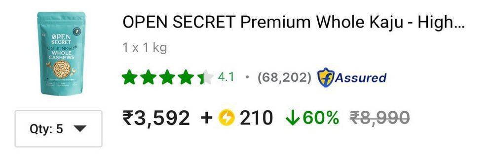 Flipkart Loot Premium Cashews 5kg At 3 592 1kg At 718 (effectively) Add 5 Q