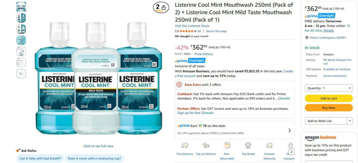 Listerine Cool Mint Mouthwash 250ml (pack Of 3) 362 – Best Price in India