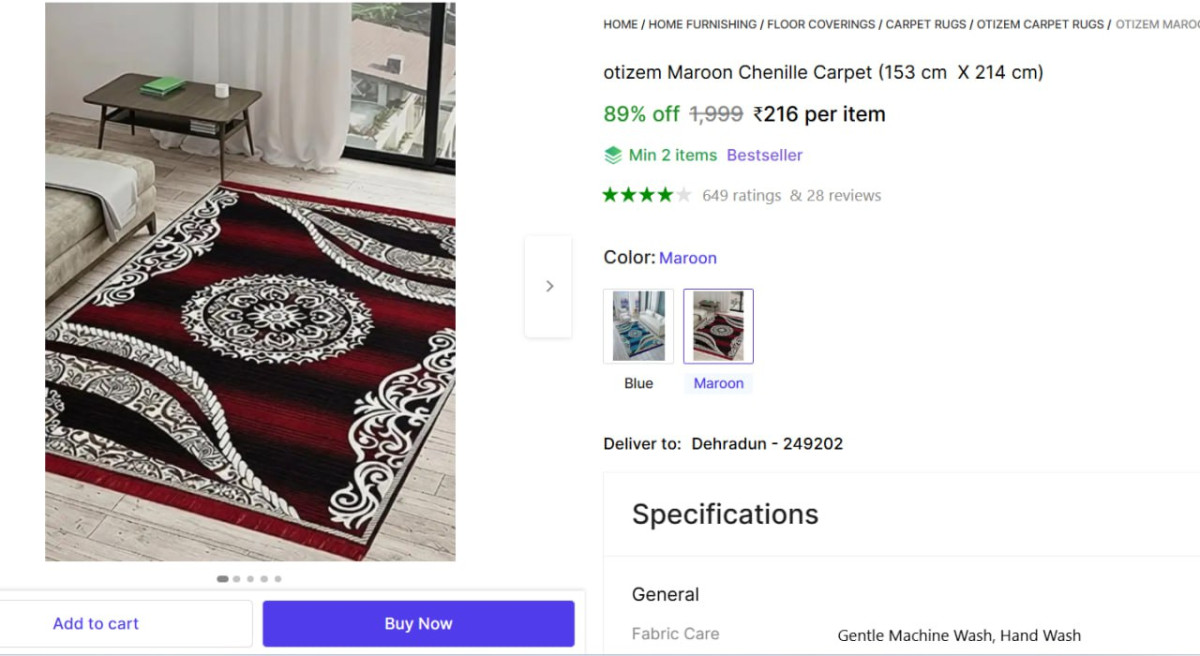 Maroon Chenille Carpet (153 Cm X 214 Cm) 216 – Best Price in India