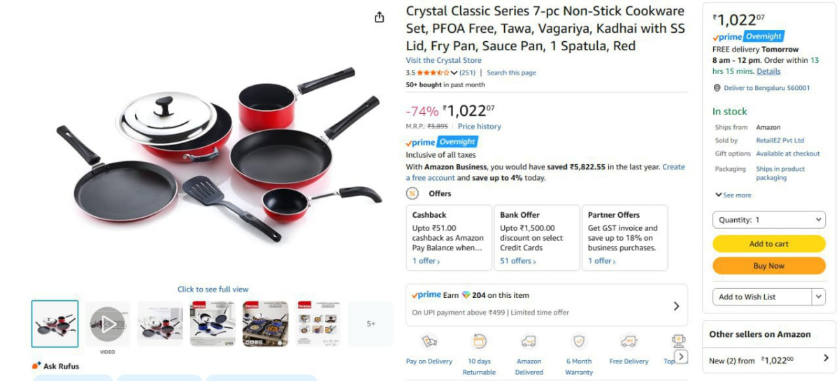 Crystal Non-stick Cookware Set Of 7 Pcs 1022 – Best Price in India