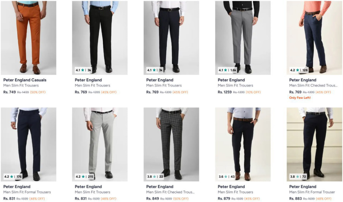 Myntra Branded Men S Trousers Starts 749 Peter England Park Avenue Raymond 