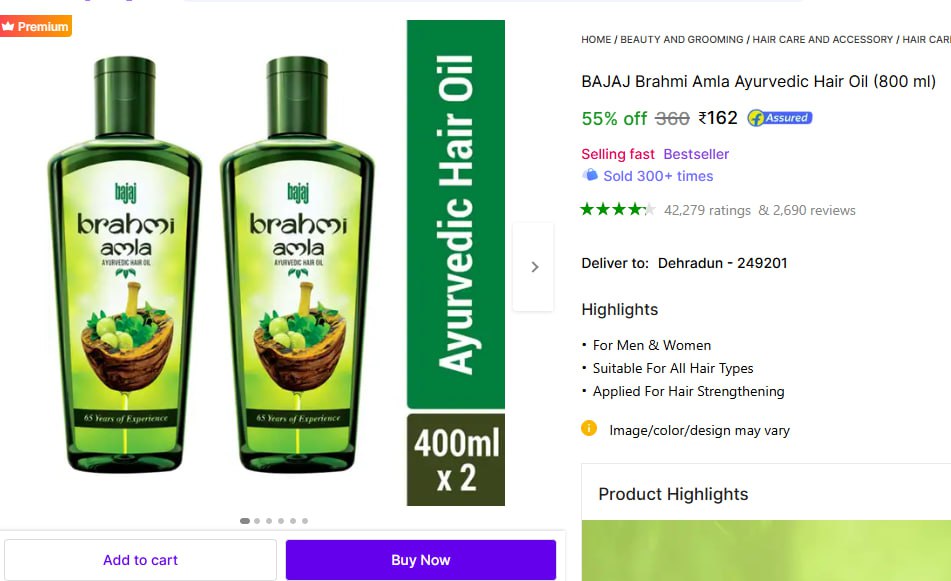 Bajaj Brahmi Amla Hair Oil (800ml) 162 – Best Price in India