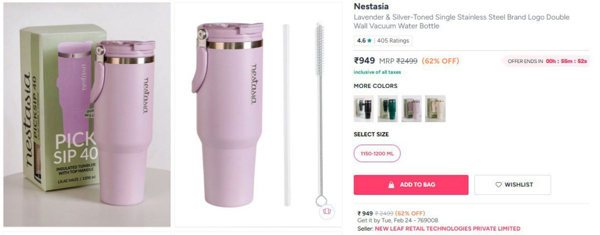 Myntra 62 On Stainless Steel Brand Logo Double Wall Vacuum Water Bottle At 