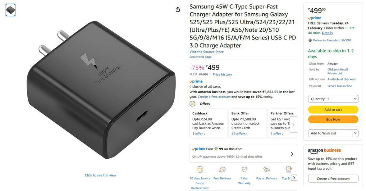 Samsung 45w C-type Super-fast Charger Adapter 499 – Best Price in India