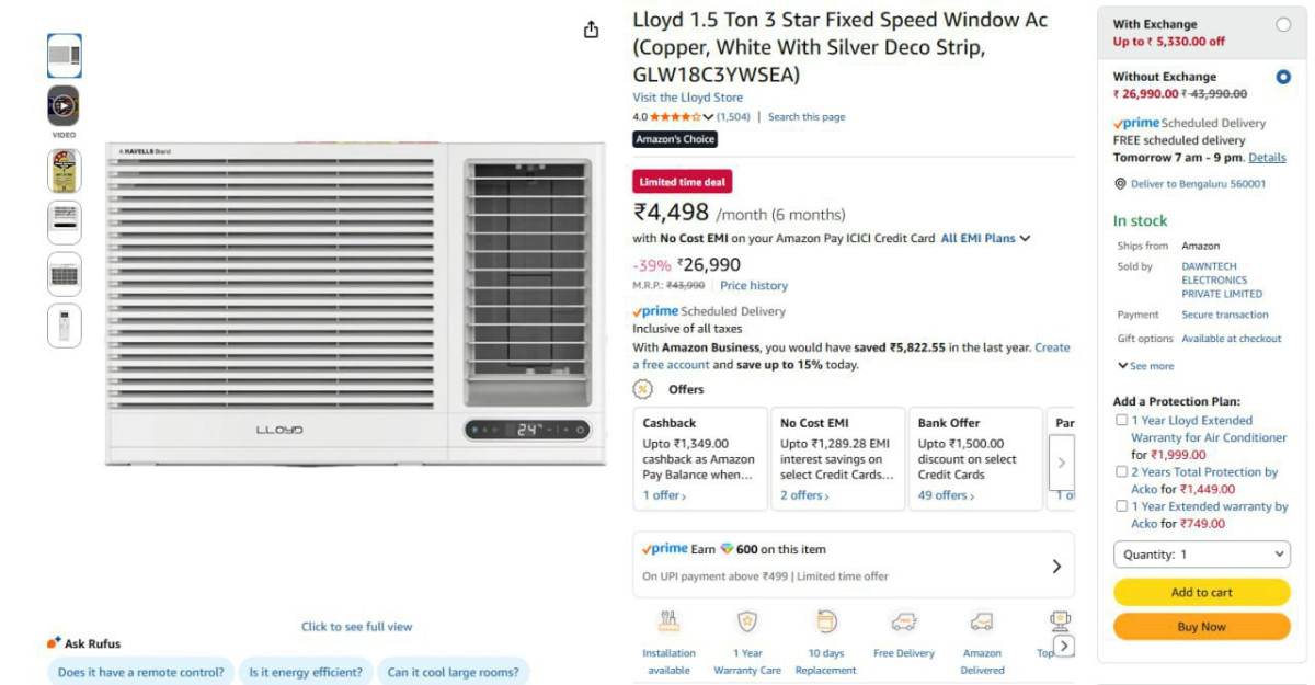 Lloyd 1 5 Ton 3 Star Fixed Speed Window Ac 25 490flat 1500 With Sbi Bank Cr