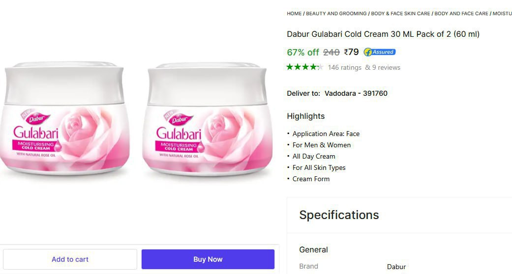 Dabur Gulabari Cold Cream 30 Ml Pack Of 2 (60 Ml) 79 – Best Price in India