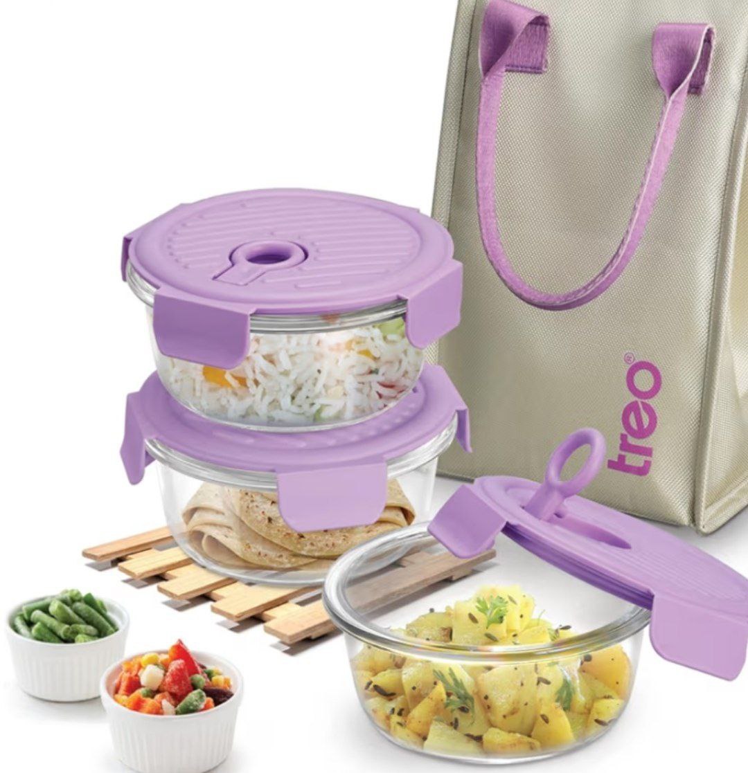 Treo By Milton Borosilicate Glass Lunch Box Set Of 3 400 Ml Each With Lunch
