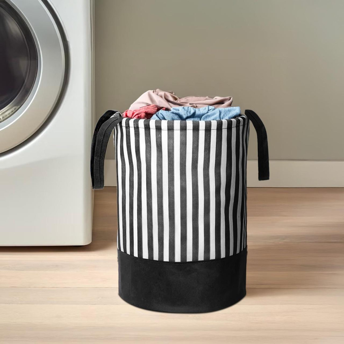 Prettykrafts 45l Non Woven Stripe Printed Round Foldable Large Laundry Bag 