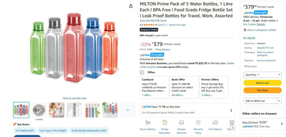 Milton Pack Of 5 Water Bottles 1 Litre Each 379 – Best Price in India