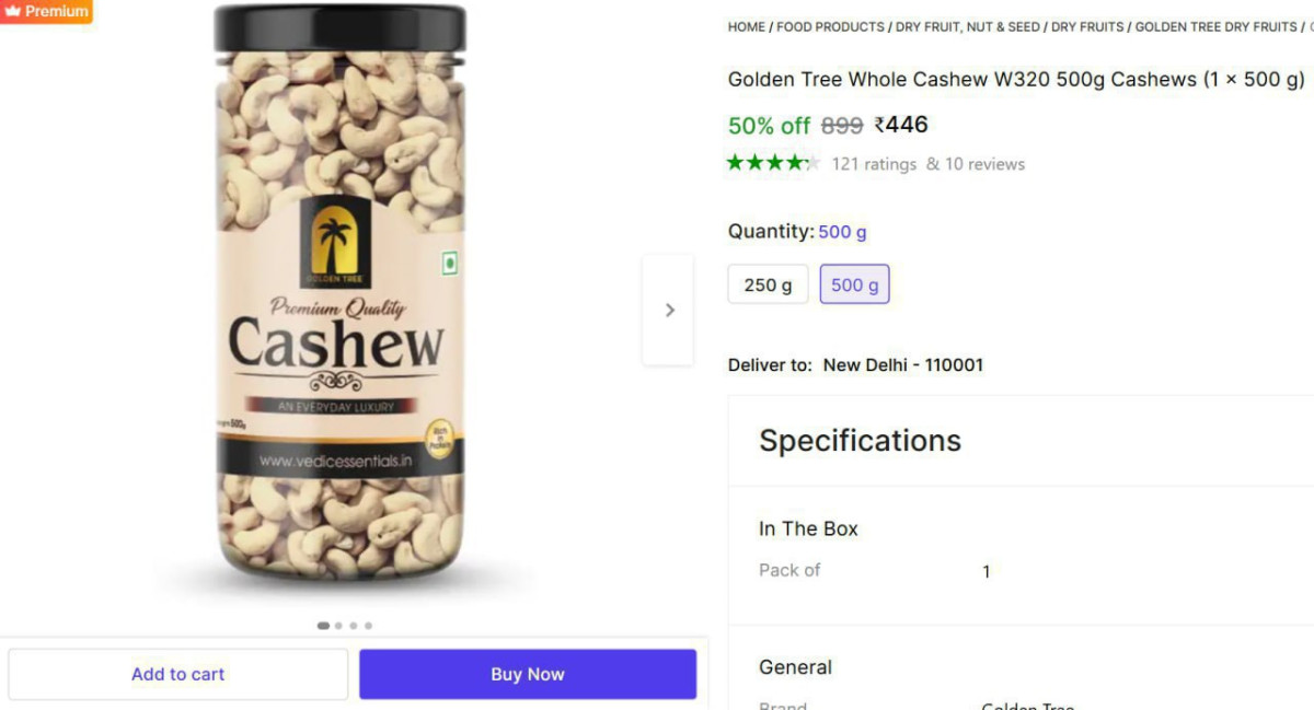 Golden Tree Whole Cashew 500gm 446 – Best Price in India