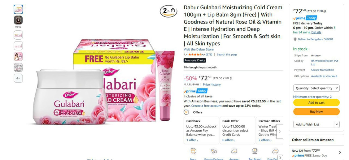 Dabur Cold Cream 100g Lip Balm 72min 2 Qnty 70 Dabur Gulabari Body Lotion 4