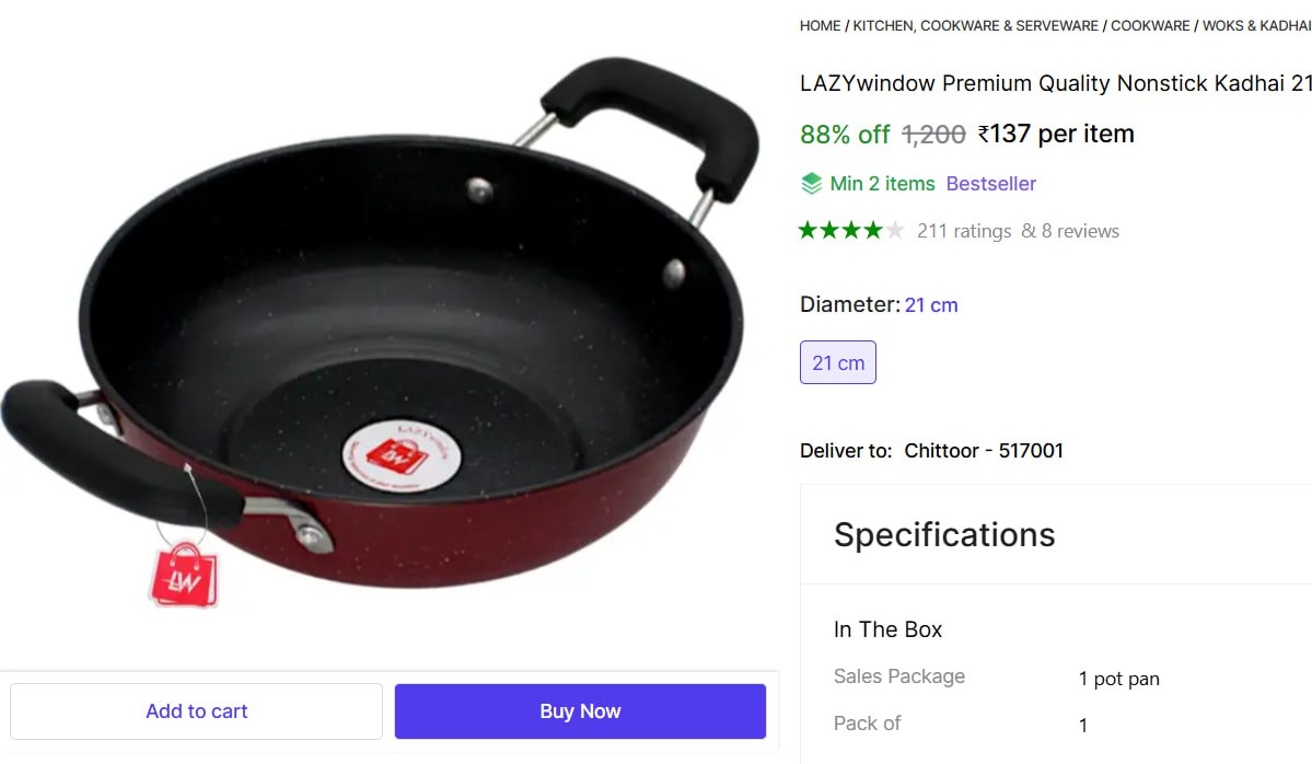 Premium Quality Nonstick Kadhai 1 25l 137 Min 2 Buy – Best Price in India