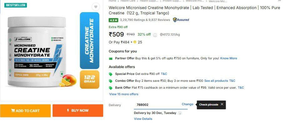Flipkart Wellcore Micronised Creatine Monohydrate (tropical Tango) 122g At 